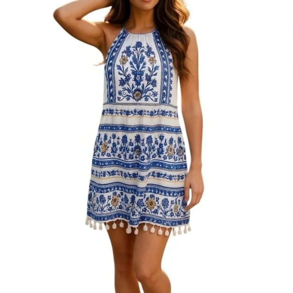 Skies are Blue - White and Blue embroidered dress - size medium